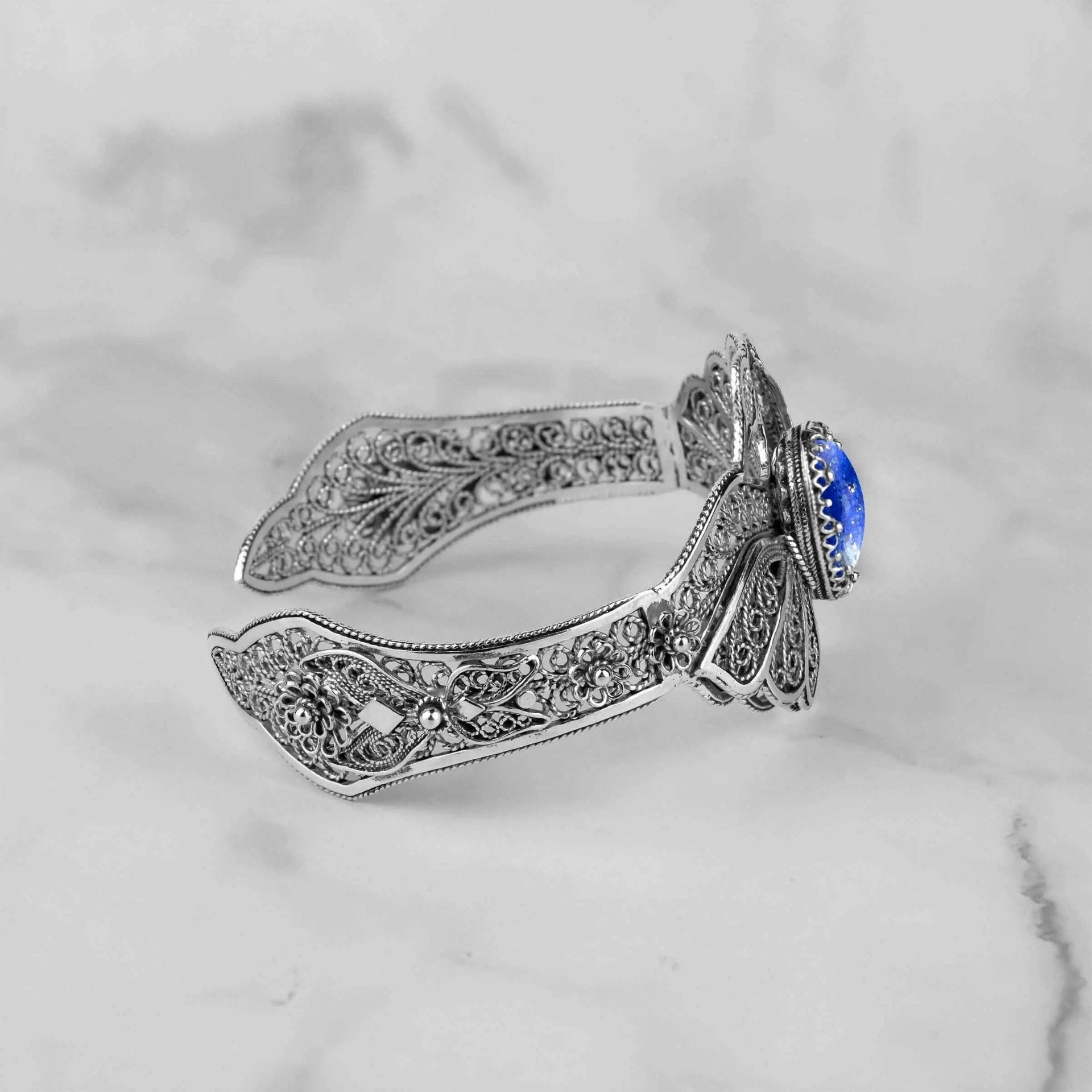 Filigree Art Lapis Lazuli Gemstone Double Swan Figured Women Silver Cuff Bracelet - Drakoi Marketplace