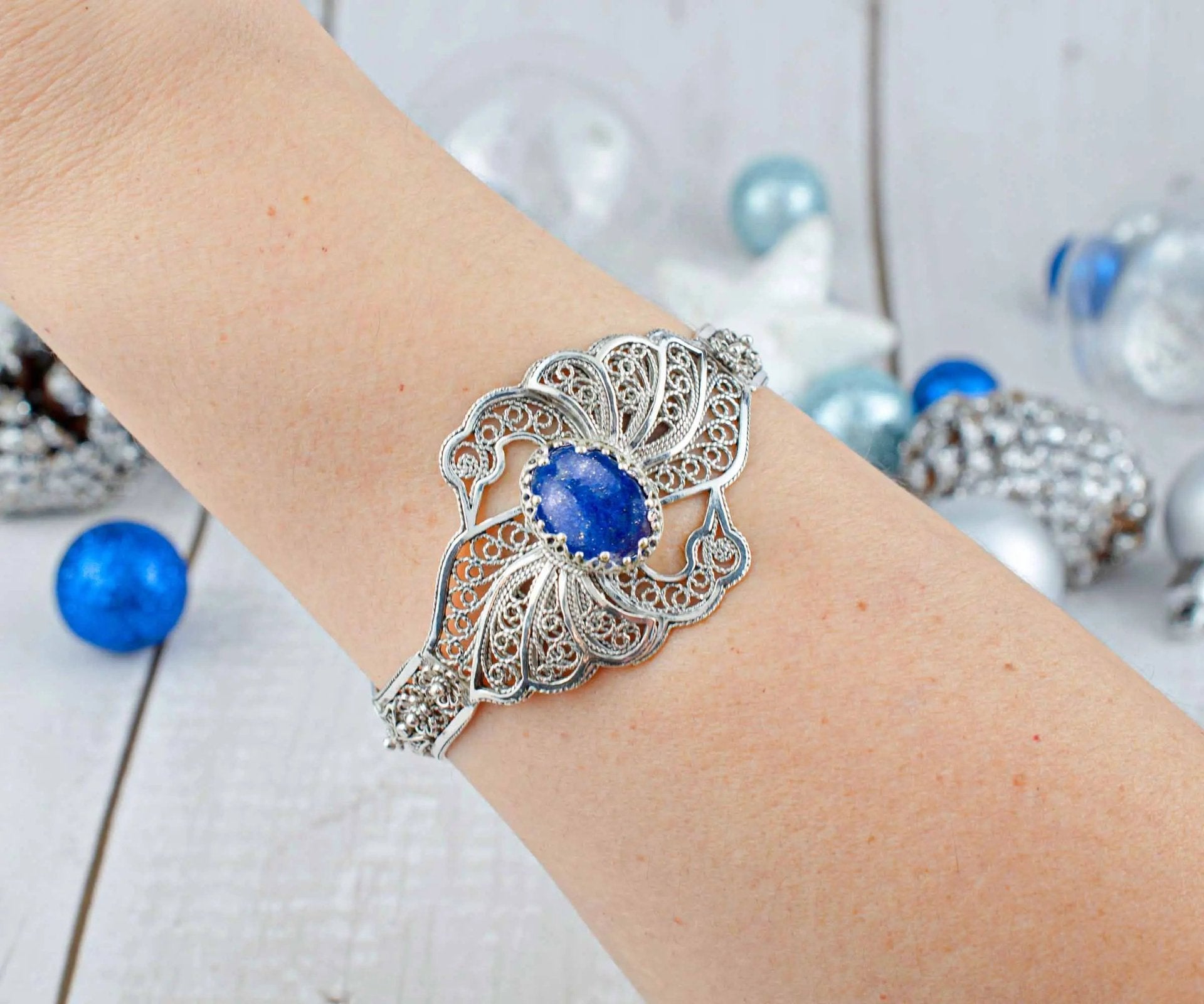 Filigree Art Lapis Lazuli Gemstone Double Swan Figured Women Silver Cuff Bracelet - Drakoi Marketplace