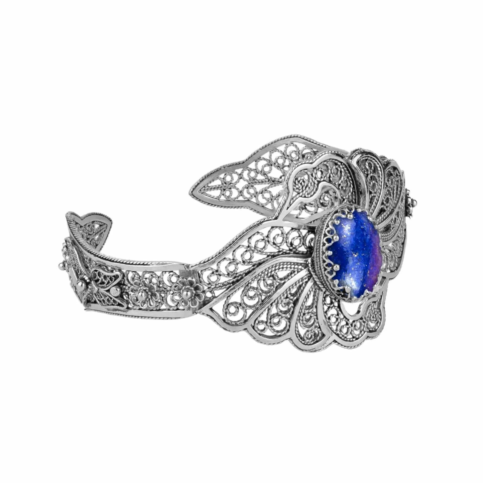 Filigree Art Lapis Lazuli Gemstone Double Swan Figured Women Silver Cuff Bracelet - Drakoi Marketplace