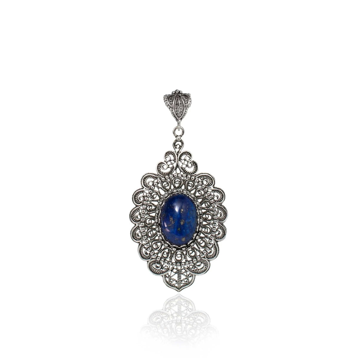 Filigree Art Lapis Lazuli Gemstone Floral Figured Women Silver Oval Pendant Necklace - Drakoi Marketplace