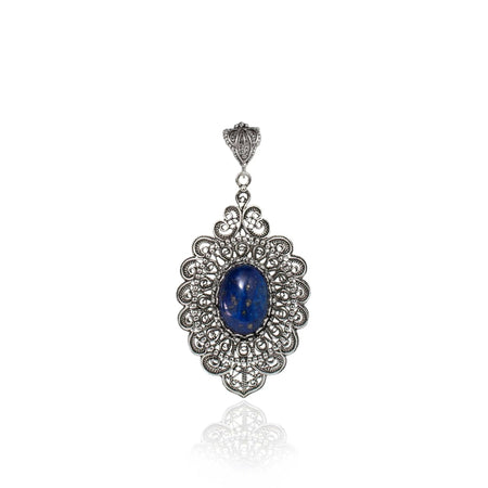 Filigree Art Lapis Lazuli Gemstone Floral Figured Women Silver Oval Pendant Necklace - Drakoi Marketplace