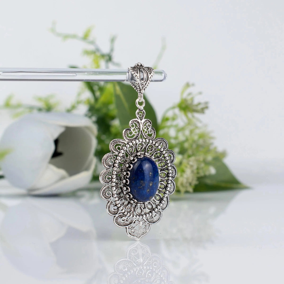 Filigree Art Lapis Lazuli Gemstone Floral Figured Women Silver Oval Pendant Necklace - Drakoi Marketplace