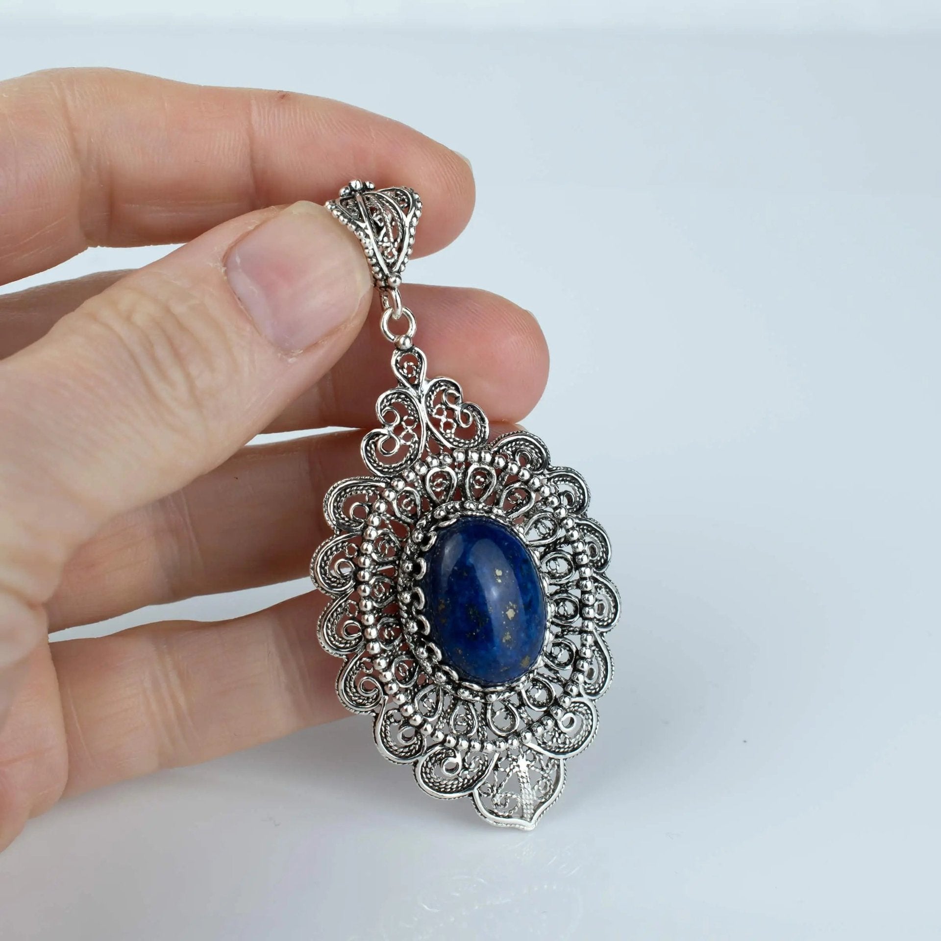 Filigree Art Lapis Lazuli Gemstone Floral Figured Women Silver Oval Pendant Necklace - Drakoi Marketplace