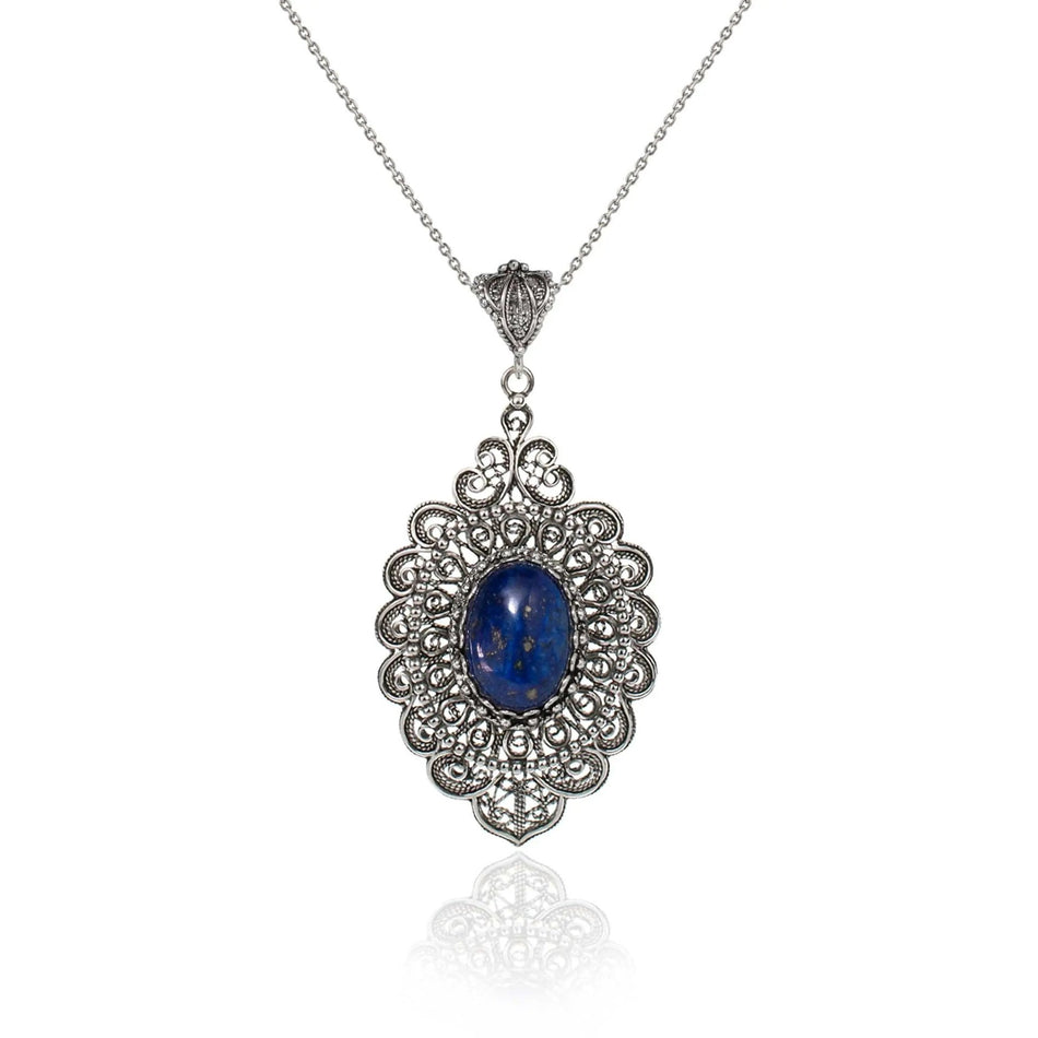 Filigree Art Lapis Lazuli Gemstone Floral Figured Women Silver Oval Pendant Necklace - Drakoi Marketplace