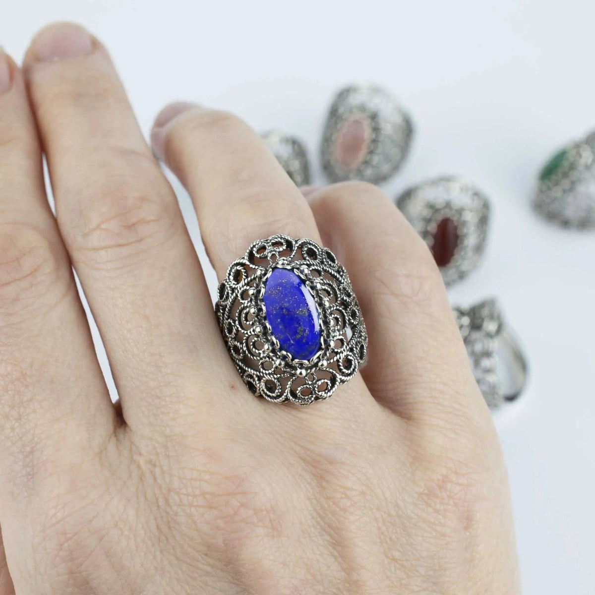 Filigree Art Lapis Lazuli Gemstone Lace Detailed Women Silver Statement Ring - Drakoi Marketplace