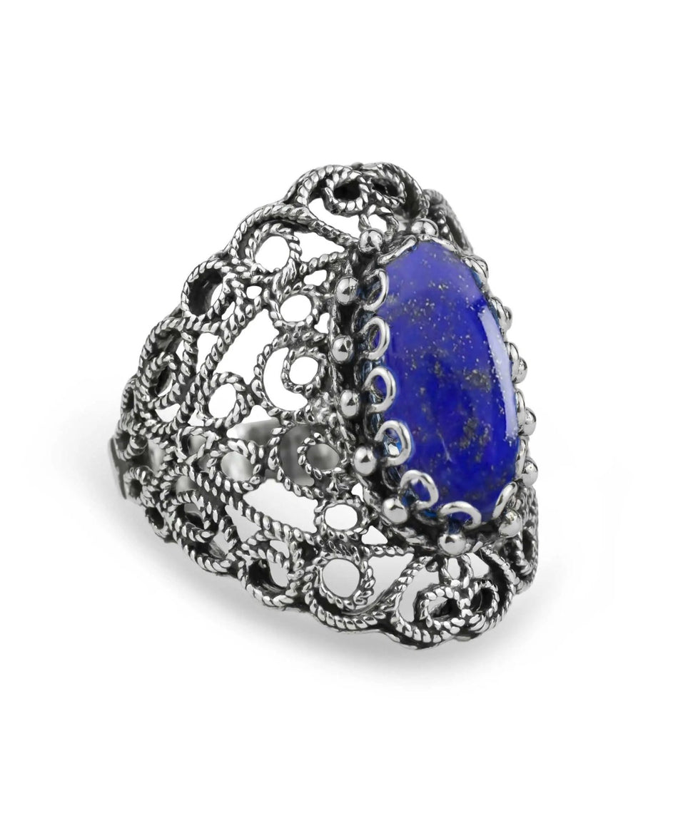 Filigree Art Lapis Lazuli Gemstone Lace Detailed Women Silver Statement Ring - Drakoi Marketplace