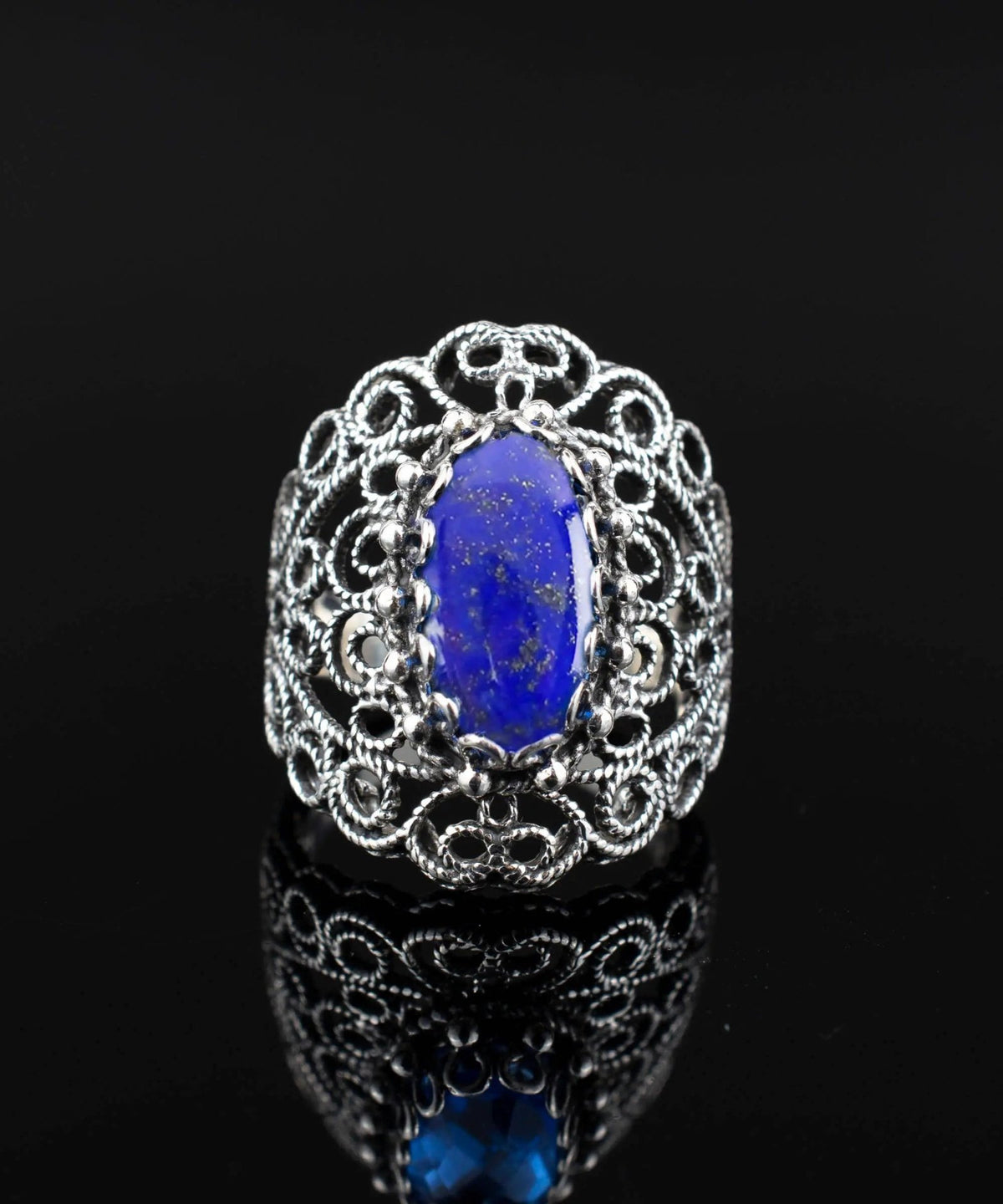 Filigree Art Lapis Lazuli Gemstone Lace Detailed Women Silver Statement Ring - Drakoi Marketplace