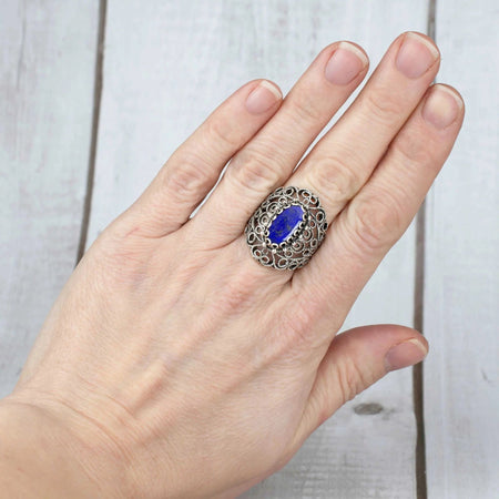 Filigree Art Lapis Lazuli Gemstone Lace Detailed Women Silver Statement Ring - Drakoi Marketplace