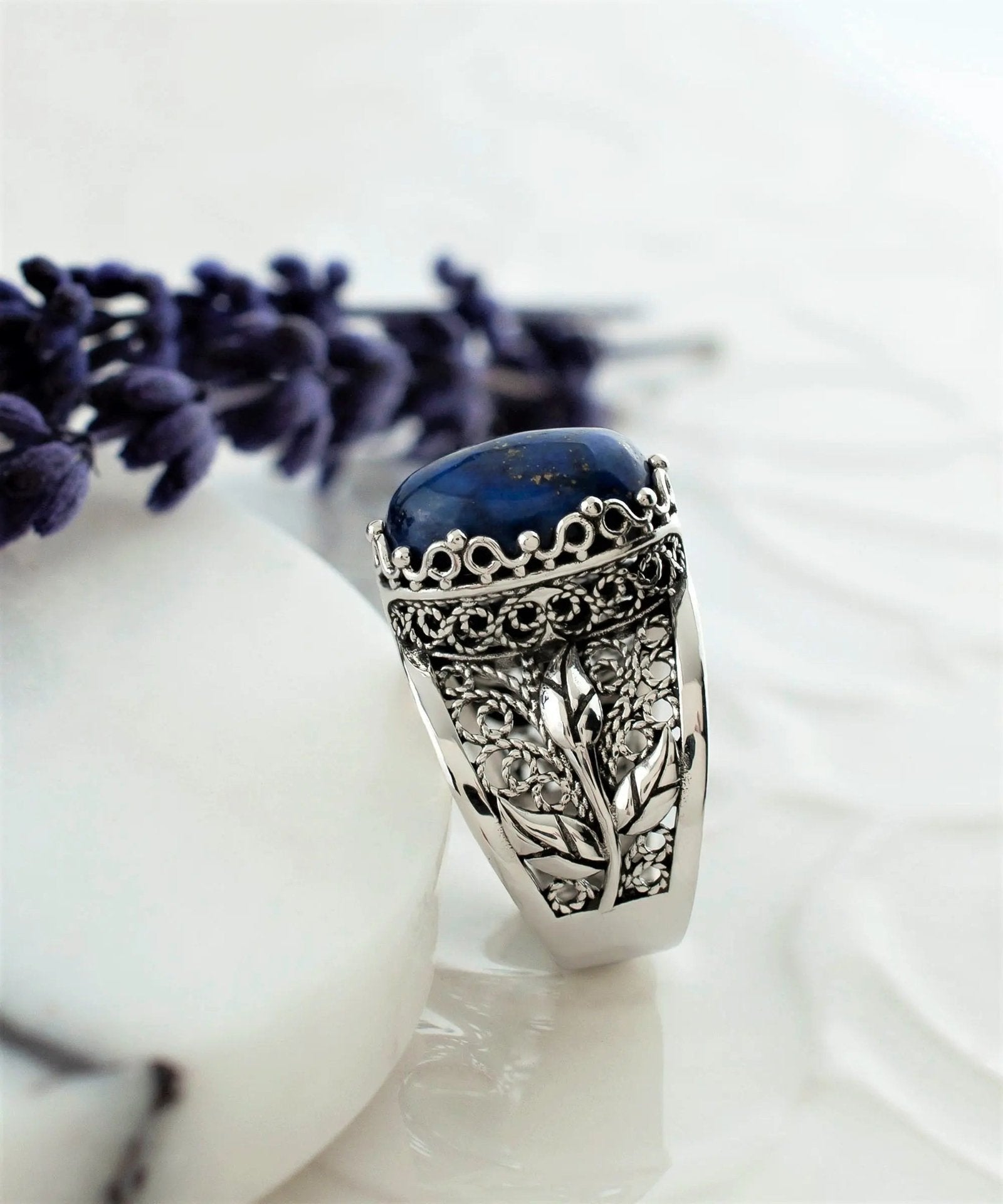 Filigree Art Lapis Lazuli Gemstone Tulip Detailed Silver Women Statement Ring - Drakoi Marketplace