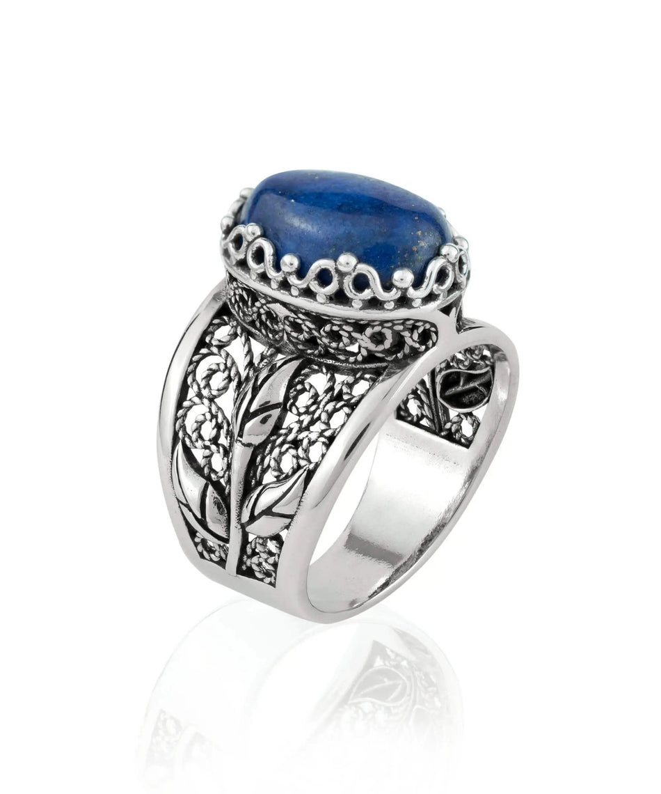 Filigree Art Lapis Lazuli Gemstone Tulip Detailed Silver Women Statement Ring - Drakoi Marketplace