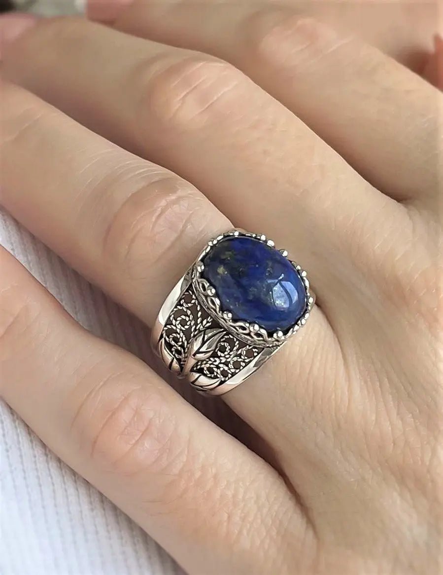 Filigree Art Lapis Lazuli Gemstone Tulip Detailed Silver Women Statement Ring - Drakoi Marketplace