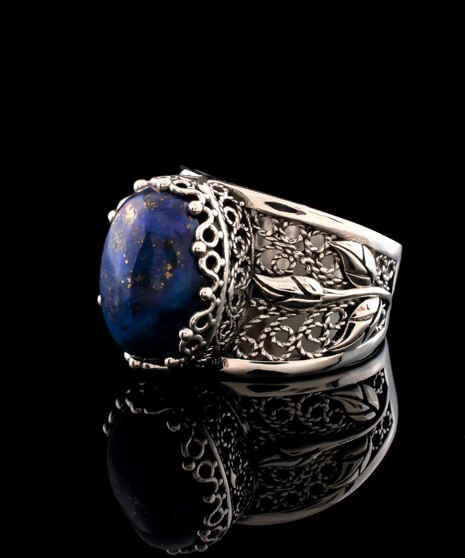 Filigree Art Lapis Lazuli Gemstone Tulip Detailed Silver Women Statement Ring - Drakoi Marketplace