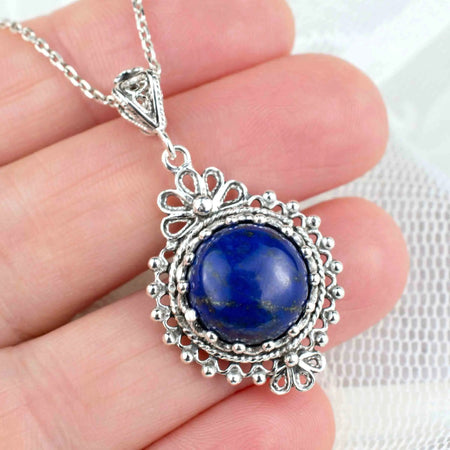 Filigree Art Lapis Lazuli Gemstone Women Silver Boho Pendant Necklace - Drakoi Marketplace