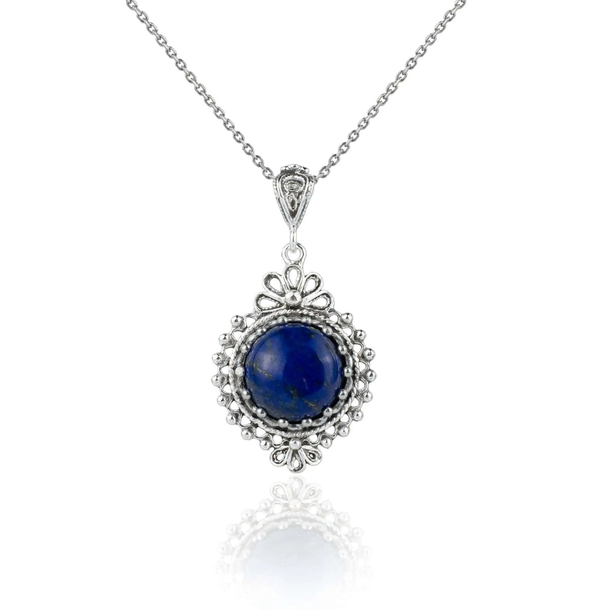 Filigree Art Lapis Lazuli Gemstone Women Silver Boho Pendant Necklace - Drakoi Marketplace