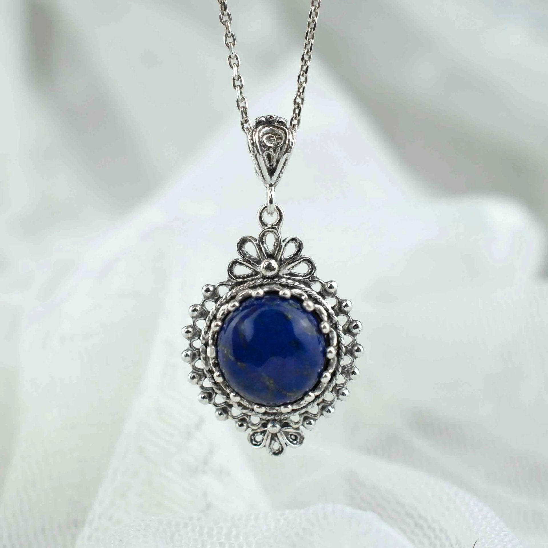 Filigree Art Lapis Lazuli Gemstone Women Silver Boho Pendant Necklace - Drakoi Marketplace