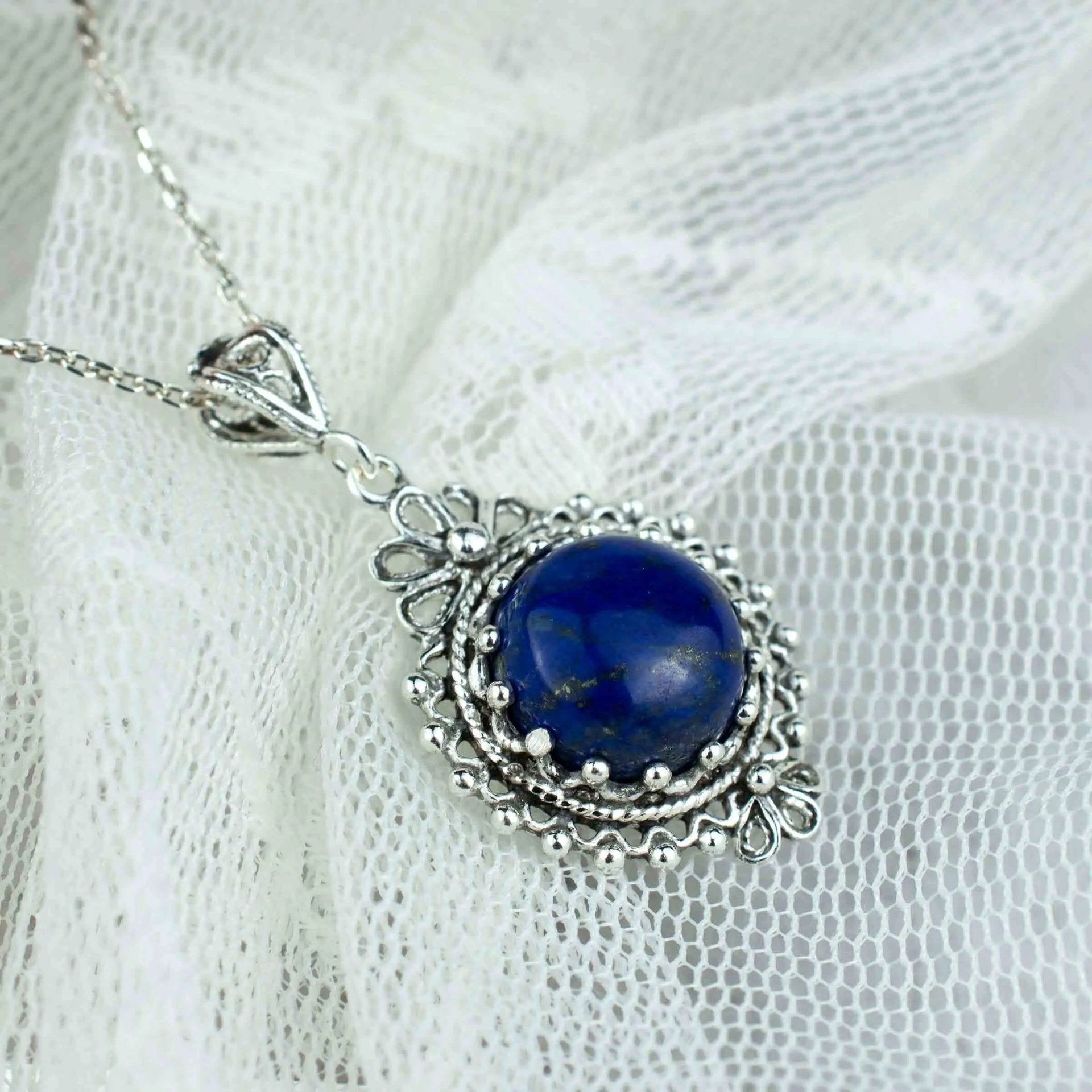 Filigree Art Lapis Lazuli Gemstone Women Silver Boho Pendant Necklace - Drakoi Marketplace