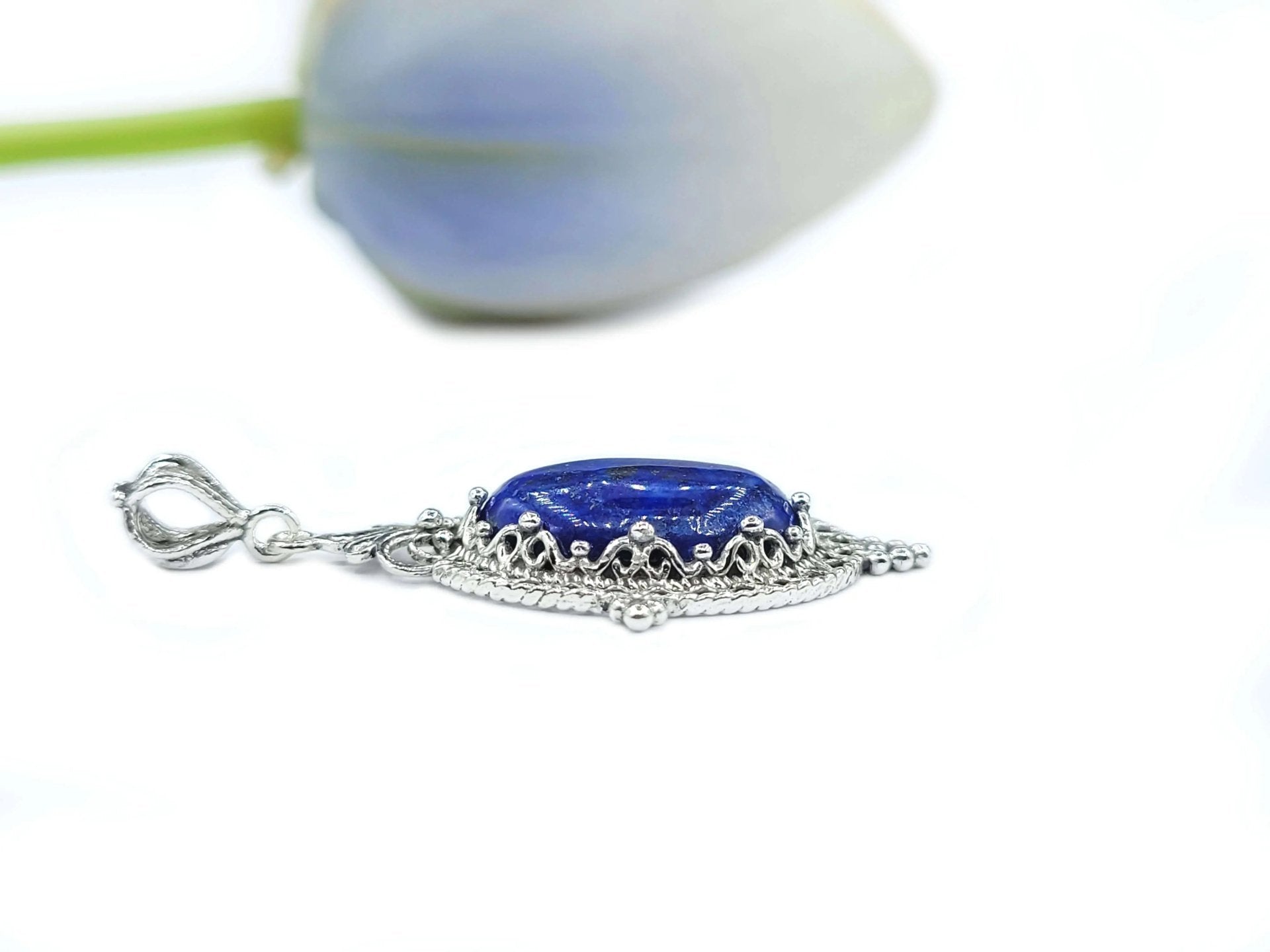 Filigree Art Lapis Lazuli Gemstone Women Silver Oval Pendant Necklace - Drakoi Marketplace