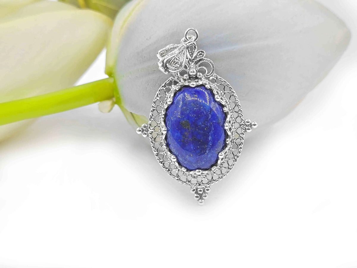 Filigree Art Lapis Lazuli Gemstone Women Silver Oval Pendant Necklace - Drakoi Marketplace