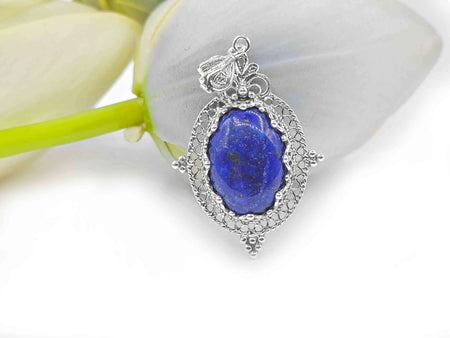 Filigree Art Lapis Lazuli Gemstone Women Silver Oval Pendant Necklace - Drakoi Marketplace