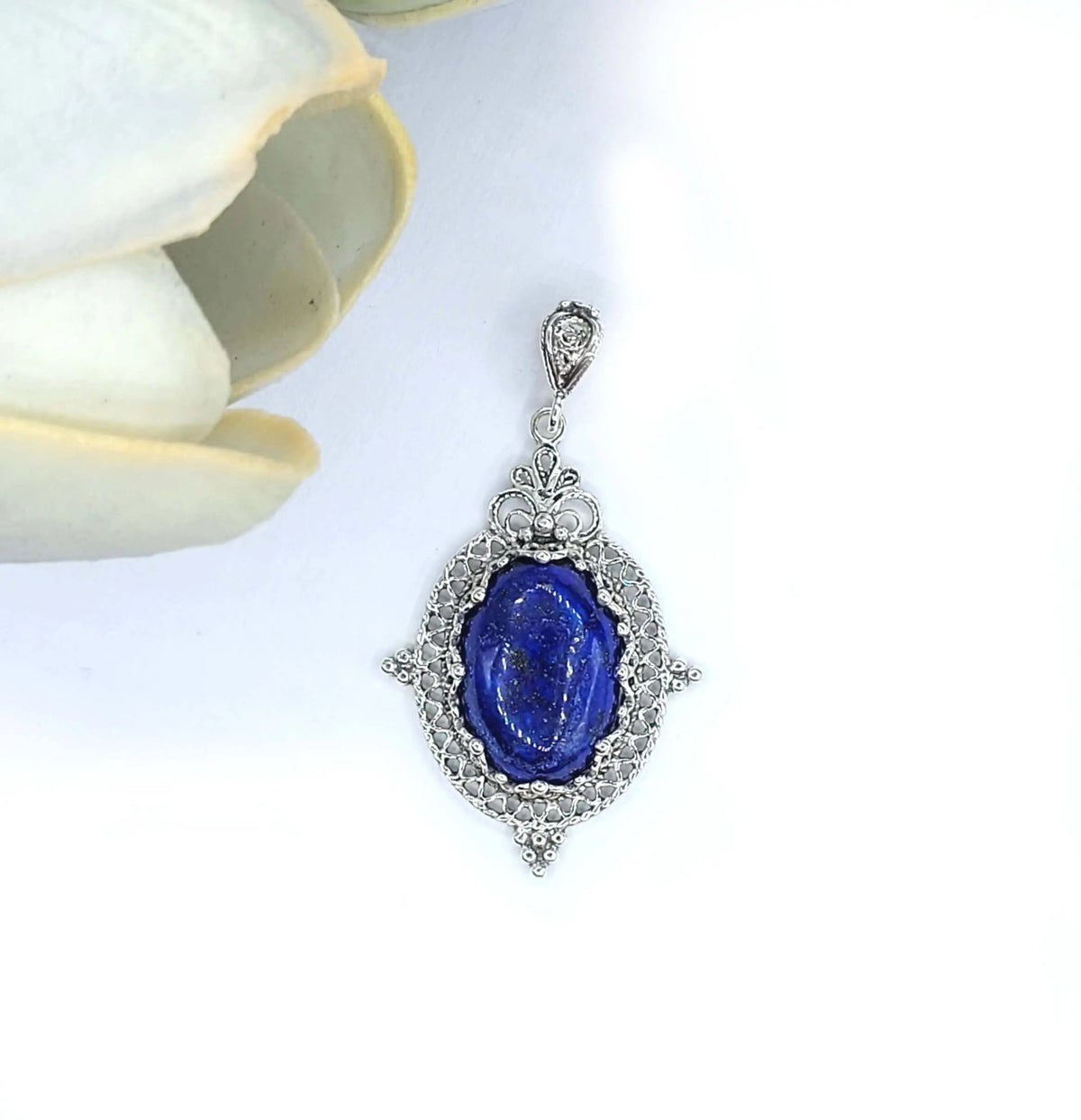 Filigree Art Lapis Lazuli Gemstone Women Silver Oval Pendant Necklace - Drakoi Marketplace