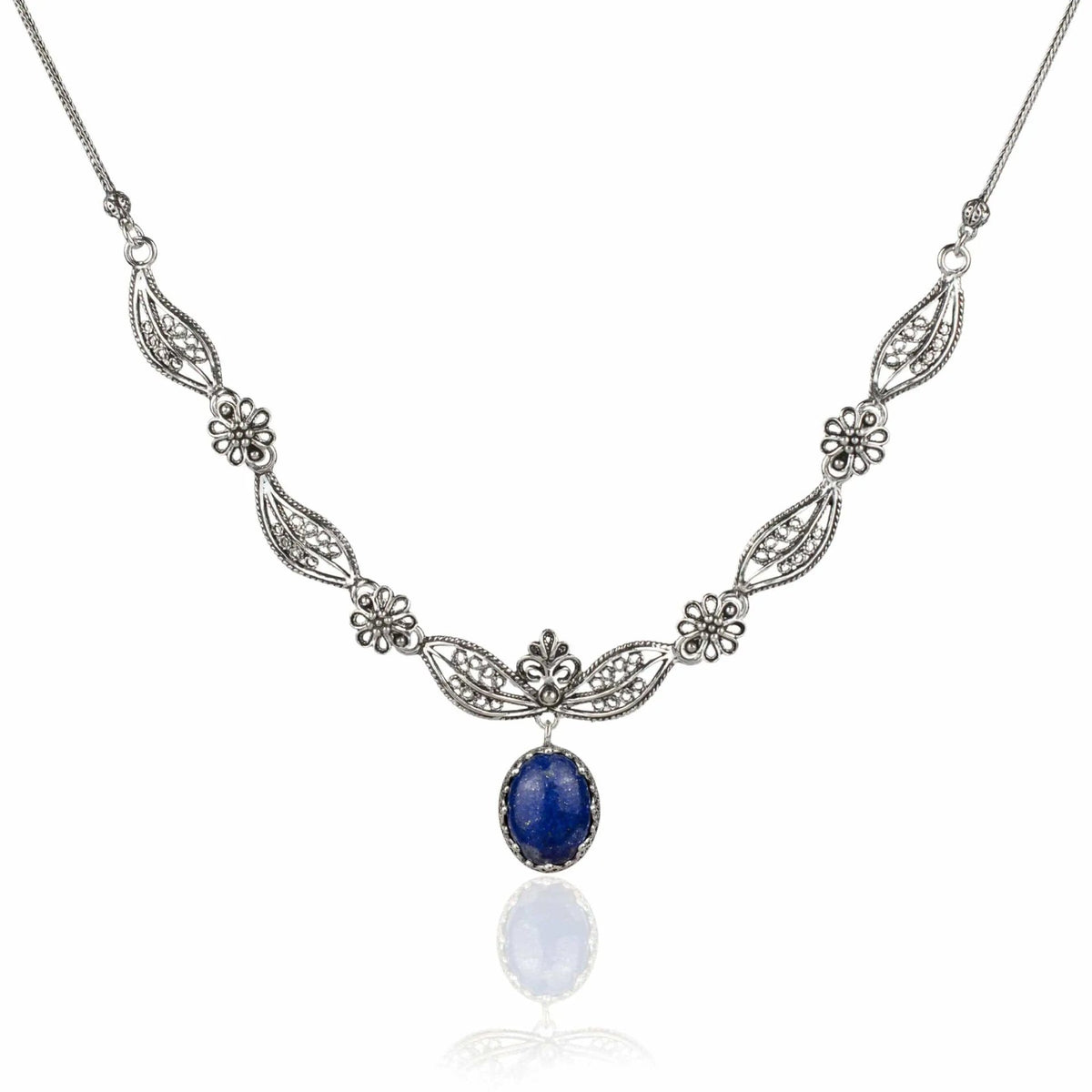 Filigree Art Lapis Lazuli Gemstone Women Silver Princess Necklace - Drakoi Marketplace