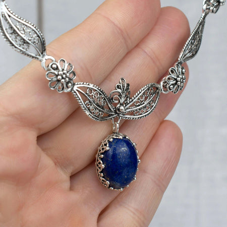 Filigree Art Lapis Lazuli Gemstone Women Silver Princess Necklace - Drakoi Marketplace