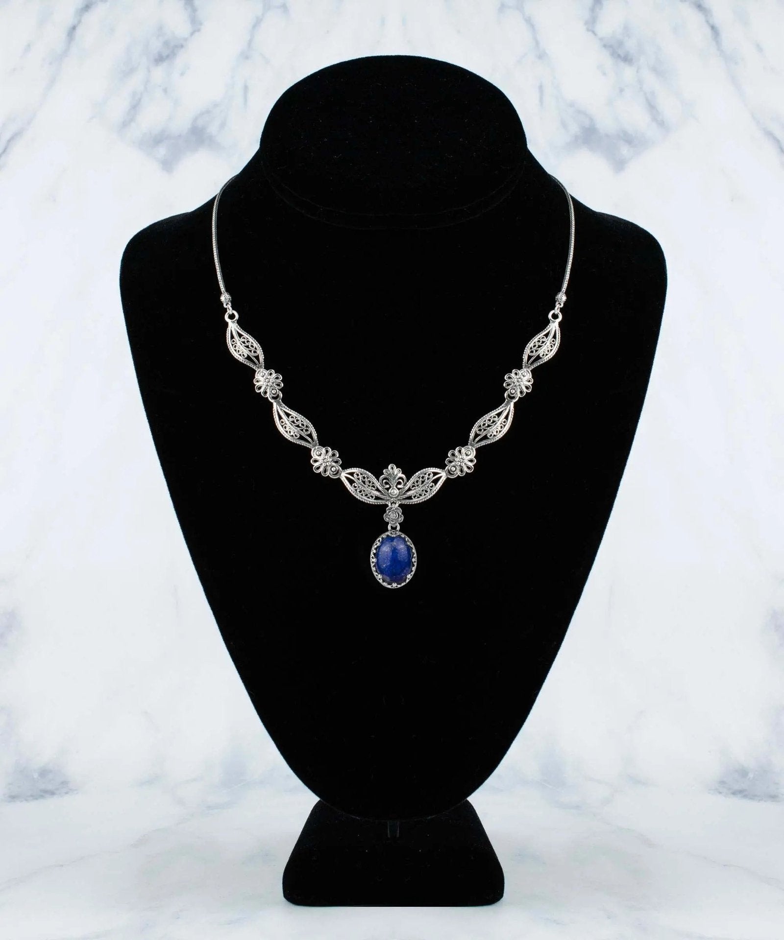 Filigree Art Lapis Lazuli Gemstone Women Silver Princess Necklace - Drakoi Marketplace