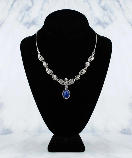 Filigree Art Lapis Lazuli Gemstone Women Silver Princess Necklace - Drakoi Marketplace