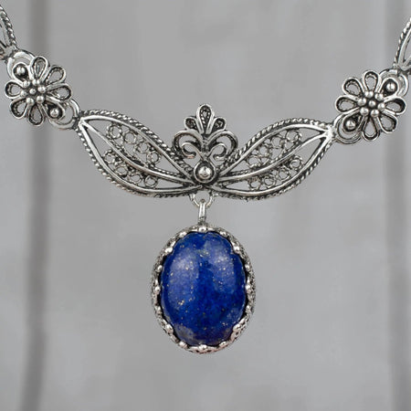 Filigree Art Lapis Lazuli Gemstone Women Silver Princess Necklace - Drakoi Marketplace