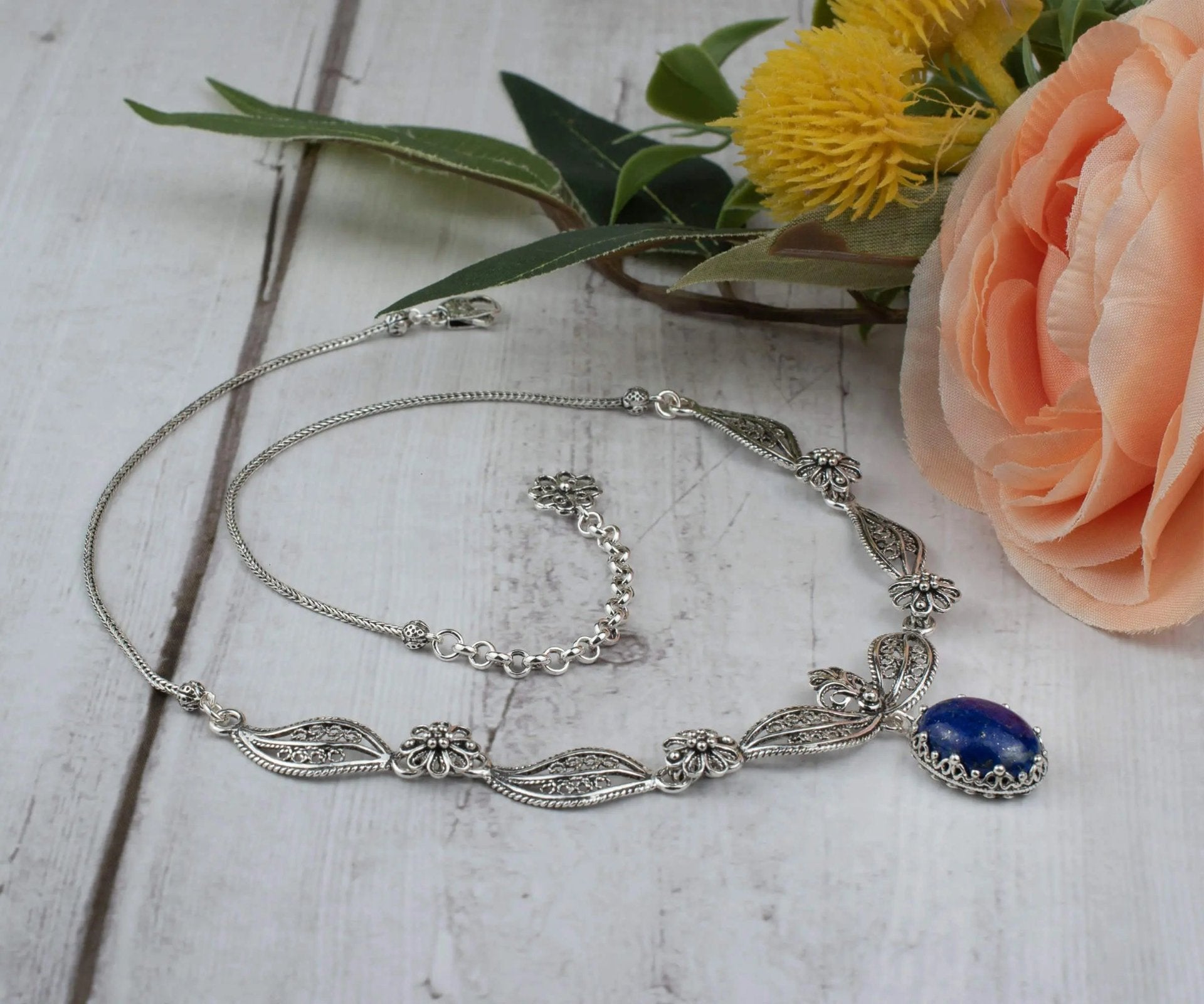 Filigree Art Lapis Lazuli Gemstone Women Silver Princess Necklace - Drakoi Marketplace