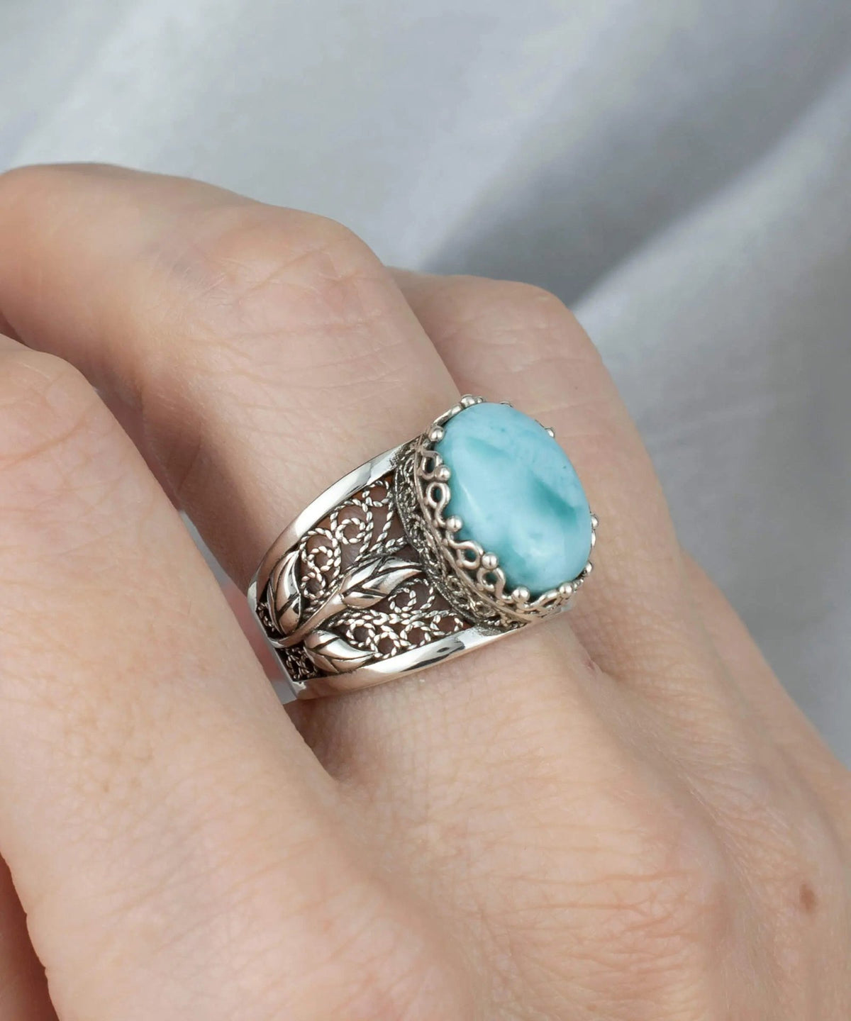 Filigree Art Larimar Gemstone Tulip Detailed Silver Women Statement Ring - Drakoi Marketplace