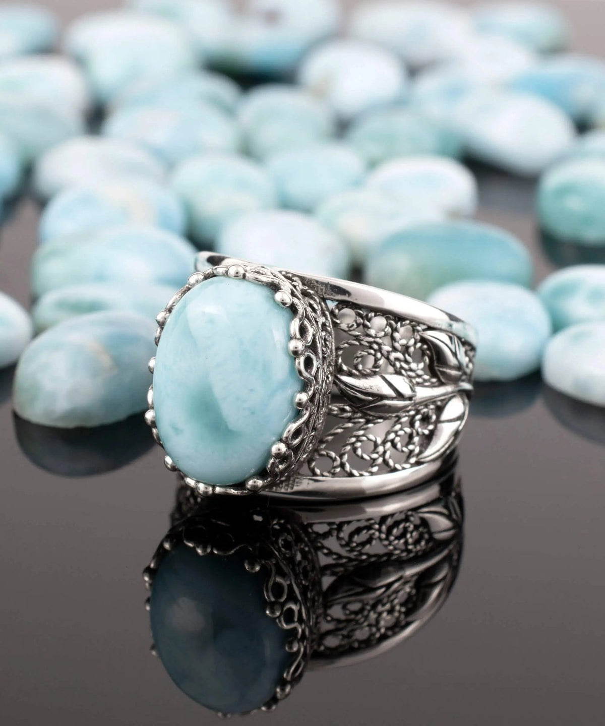 Filigree Art Larimar Gemstone Tulip Detailed Silver Women Statement Ring - Drakoi Marketplace