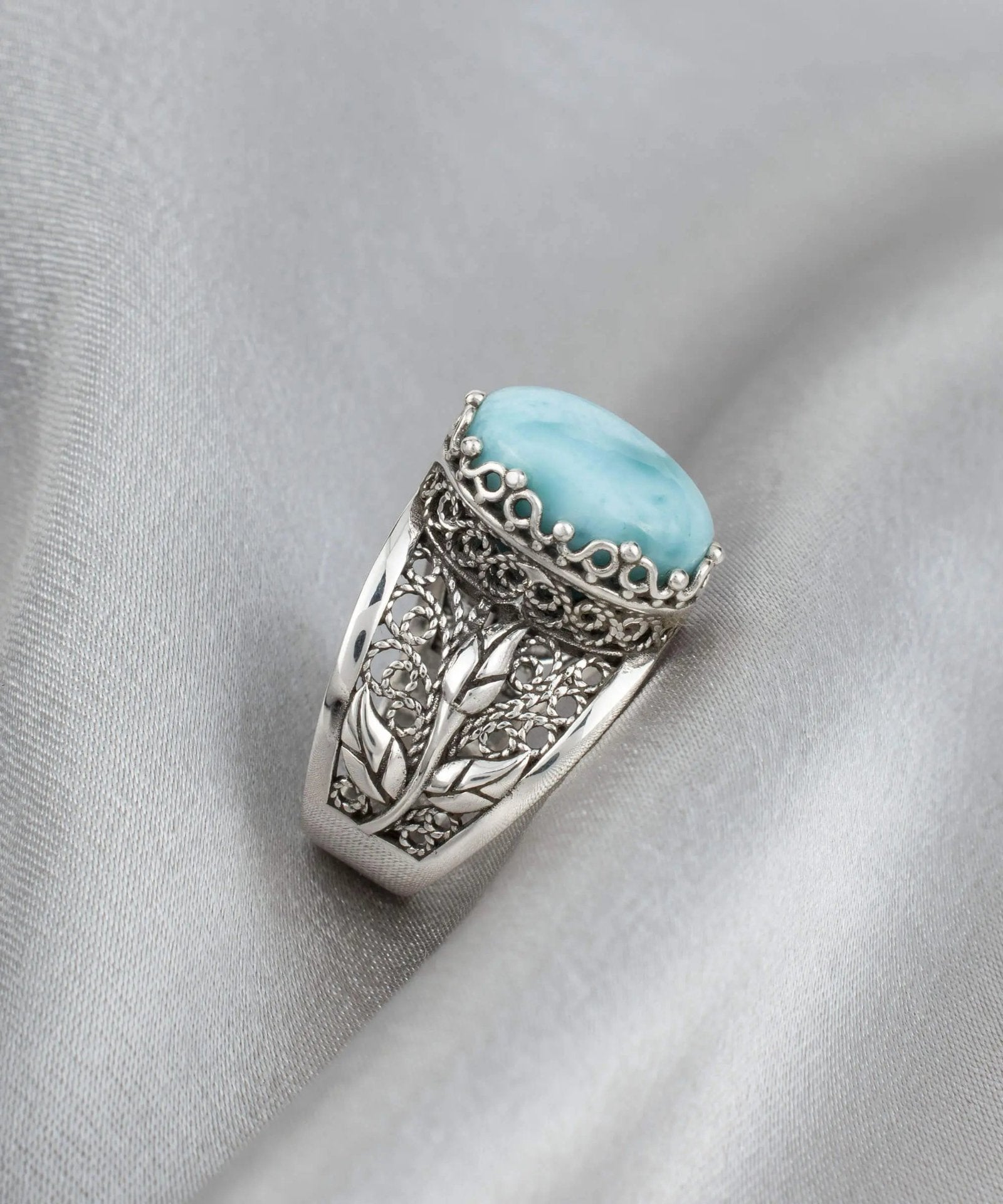 Filigree Art Larimar Gemstone Tulip Detailed Silver Women Statement Ring - Drakoi Marketplace