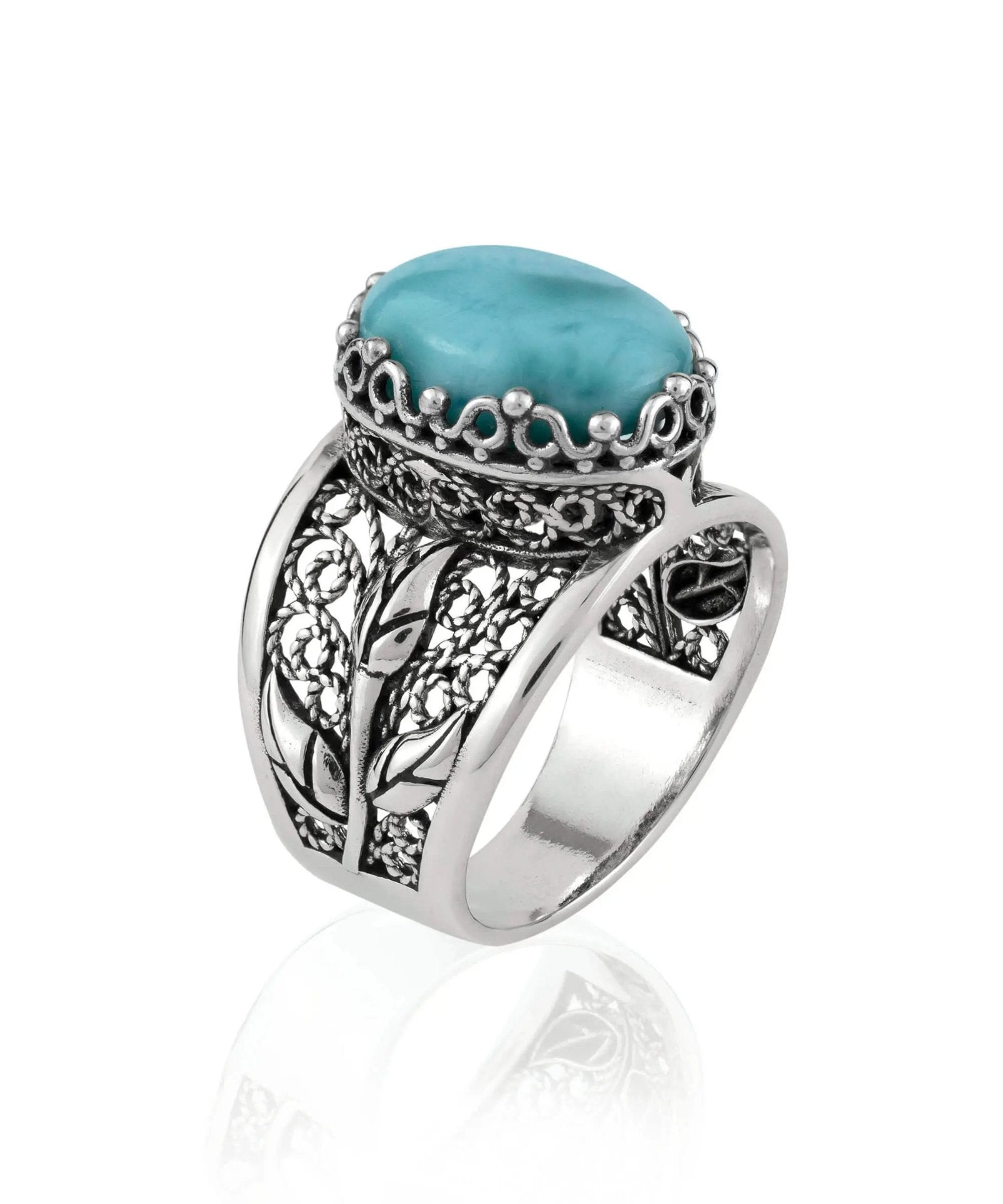 Filigree Art Larimar Gemstone Tulip Detailed Silver Women Statement Ring - Drakoi Marketplace