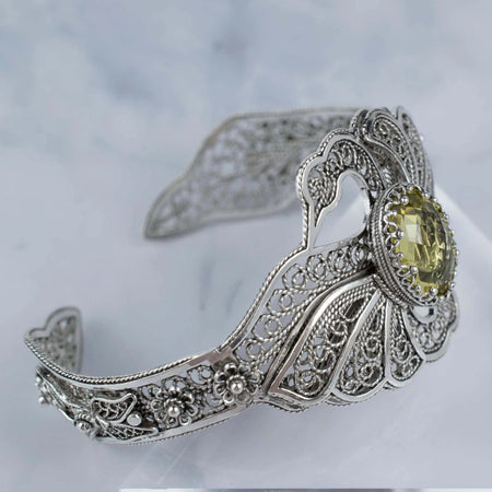 Filigree Art Lemon Quartz Gemstone Double Swan Figured Women Silver Cuff Bracelet - Drakoi Marketplace