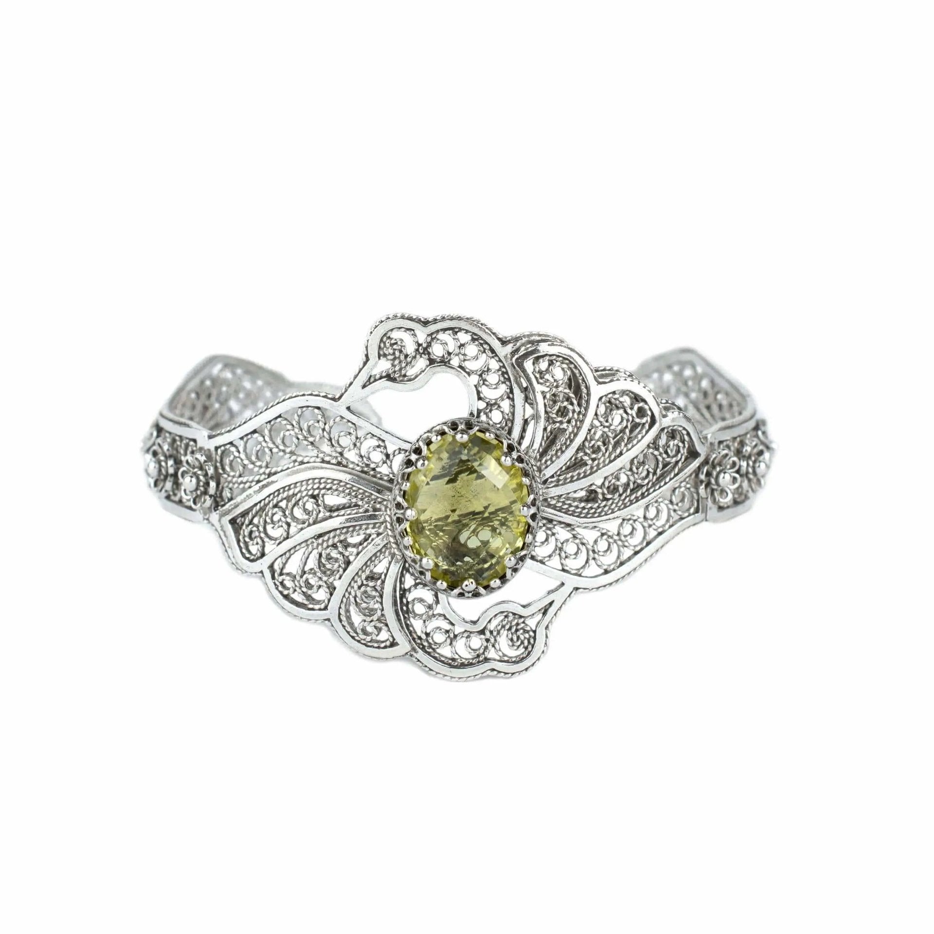 Filigree Art Lemon Quartz Gemstone Double Swan Figured Women Silver Cuff Bracelet - Drakoi Marketplace