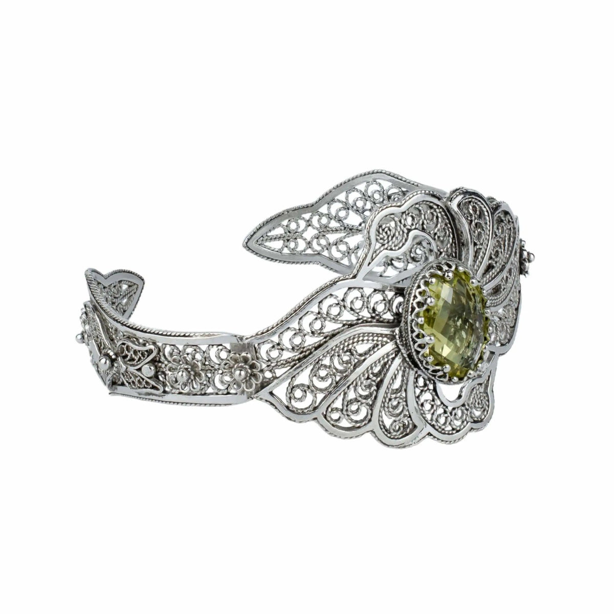 Filigree Art Lemon Quartz Gemstone Double Swan Figured Women Silver Cuff Bracelet - Drakoi Marketplace