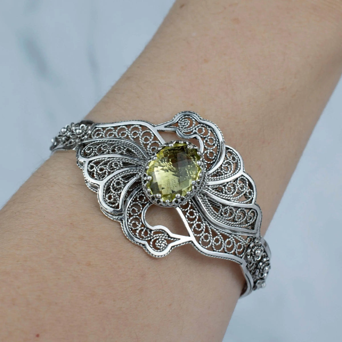 Filigree Art Lemon Quartz Gemstone Double Swan Figured Women Silver Cuff Bracelet - Drakoi Marketplace