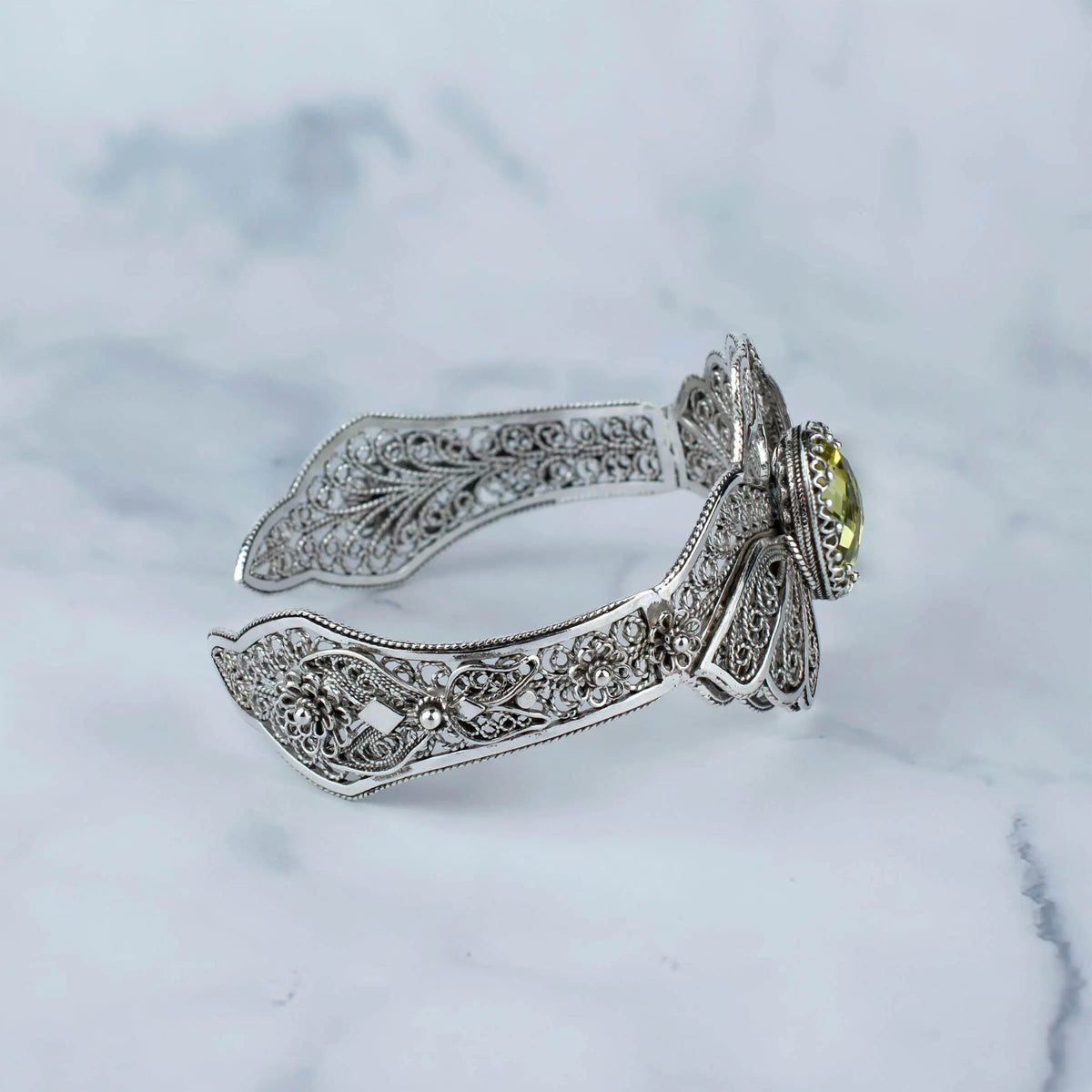 Filigree Art Lemon Quartz Gemstone Double Swan Figured Women Silver Cuff Bracelet - Drakoi Marketplace