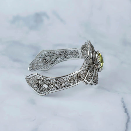 Filigree Art Lemon Quartz Gemstone Double Swan Figured Women Silver Cuff Bracelet - Drakoi Marketplace