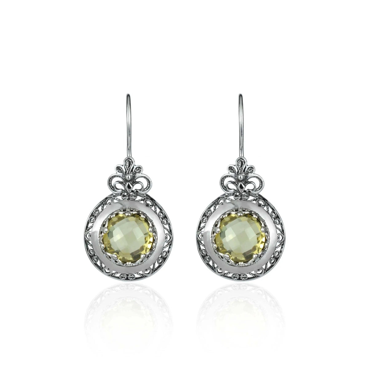 Filigree Art Lemon Quartz Gemstone Floral Design Women Silver Drop Earrings - Drakoi Marketplace