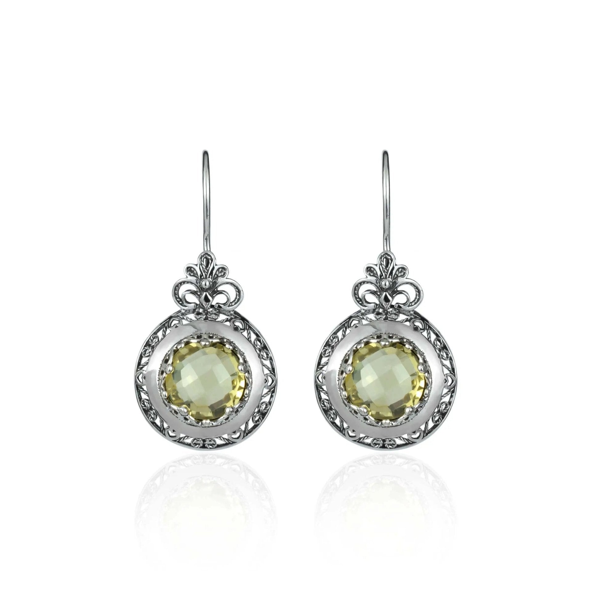 Filigree Art Lemon Quartz Gemstone Floral Design Women Silver Drop Earrings - Drakoi Marketplace