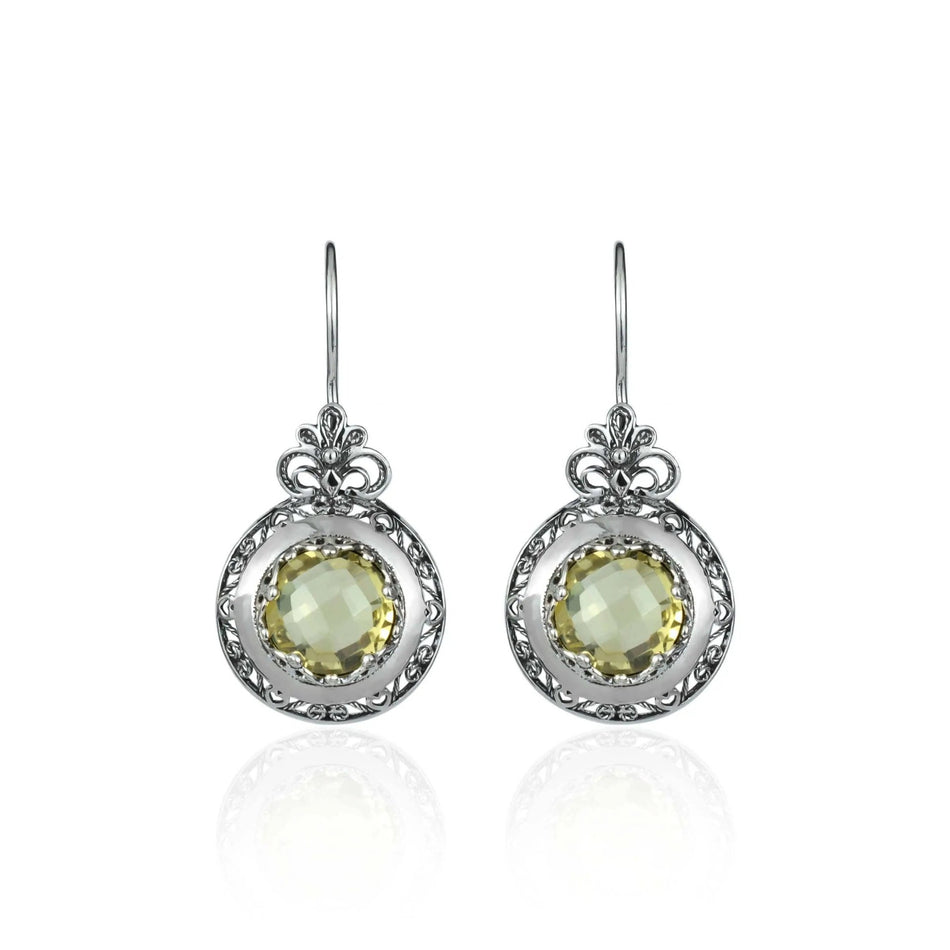 Filigree Art Lemon Quartz Gemstone Floral Design Women Silver Drop Earrings - Drakoi Marketplace