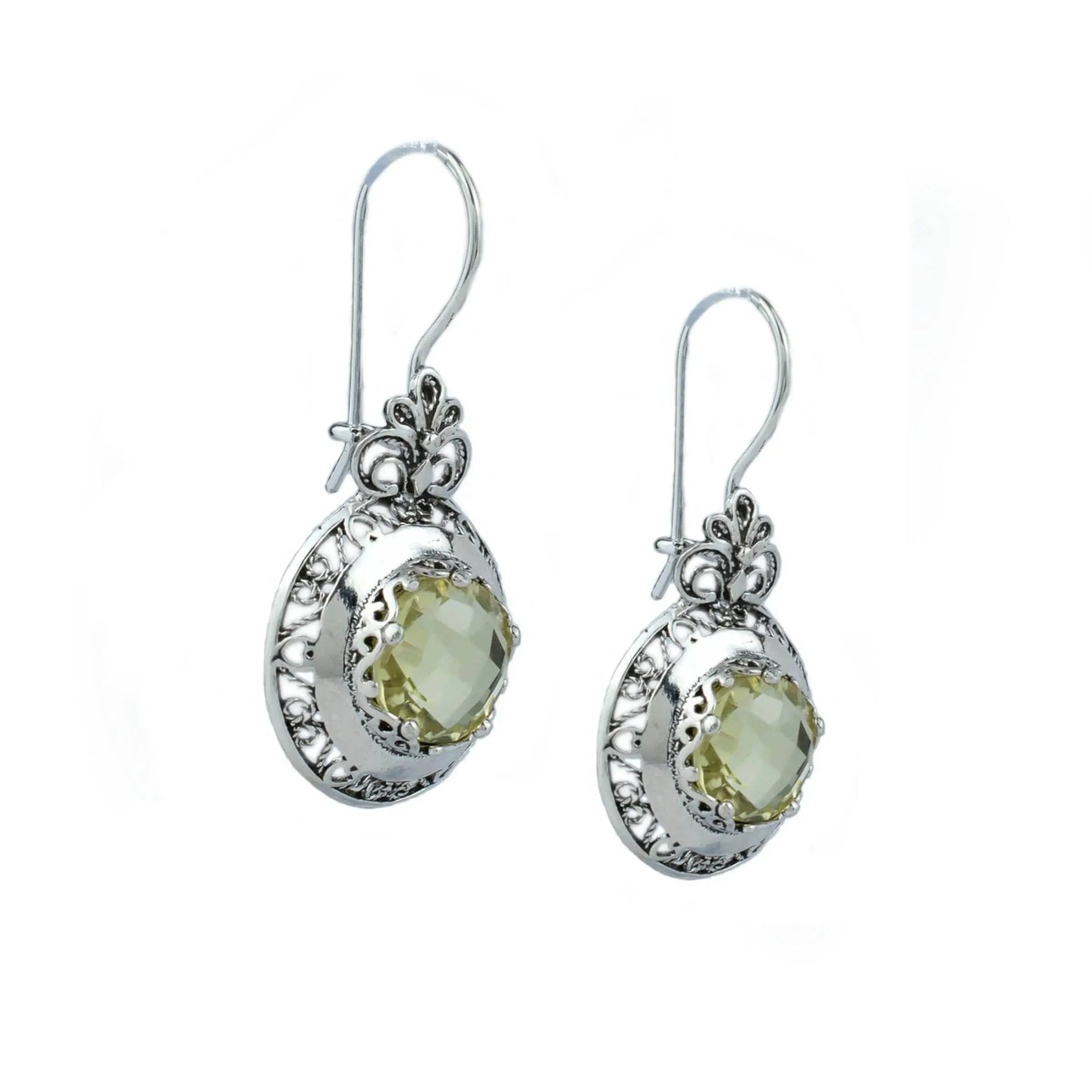 Filigree Art Lemon Quartz Gemstone Floral Design Women Silver Drop Earrings - Drakoi Marketplace