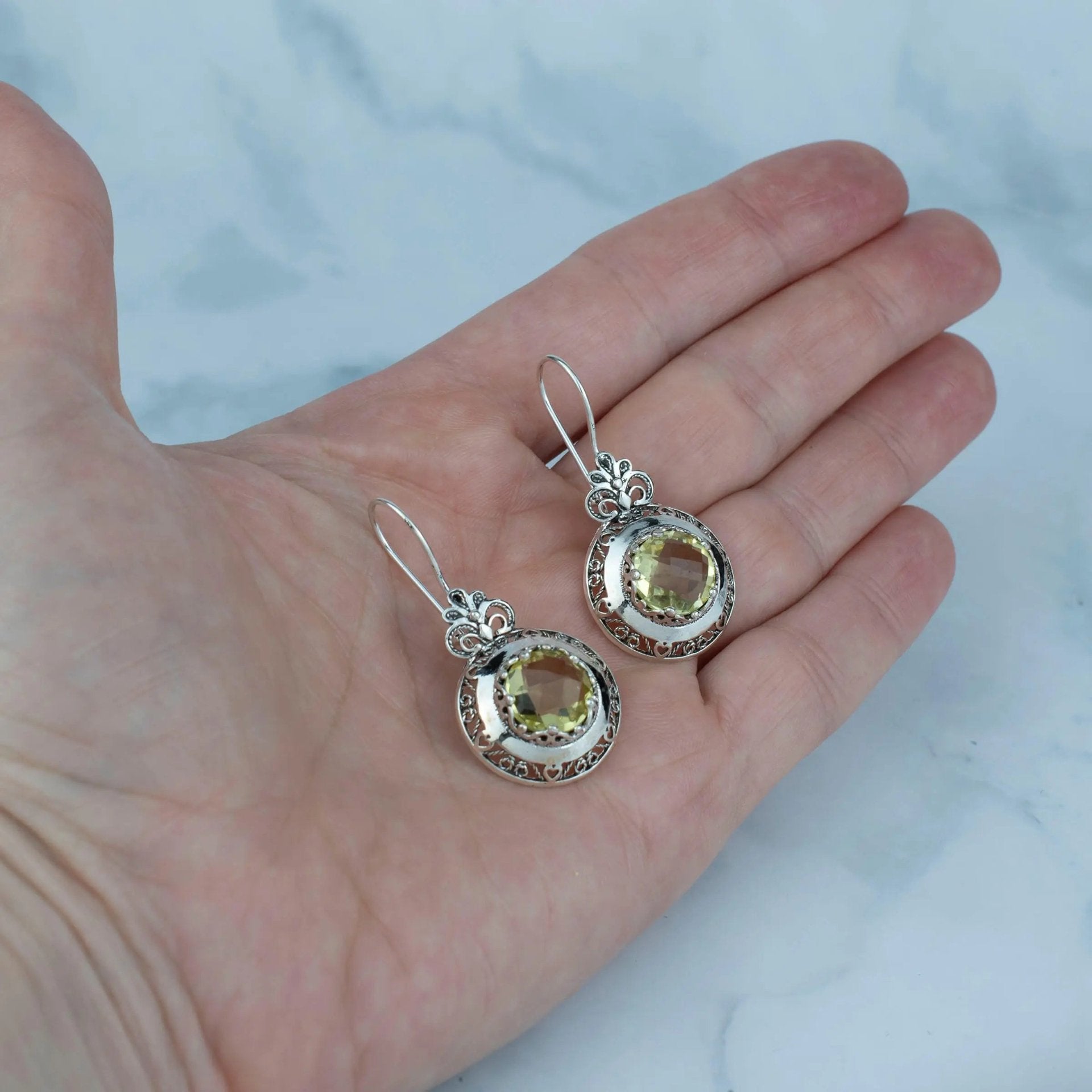 Filigree Art Lemon Quartz Gemstone Floral Design Women Silver Drop Earrings - Drakoi Marketplace