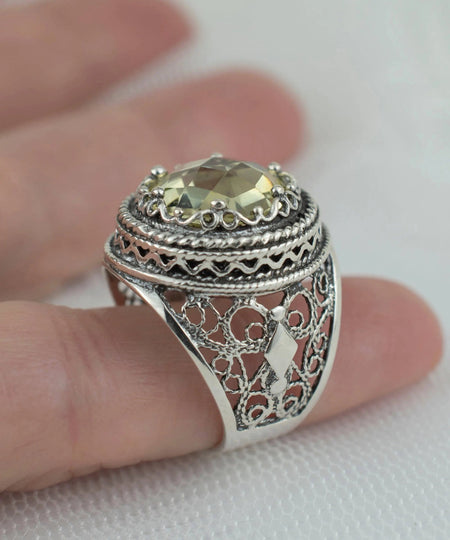 Filigree Art Lemon Quartz Gemstone Women Silver Bold Ring - Drakoi Marketplace