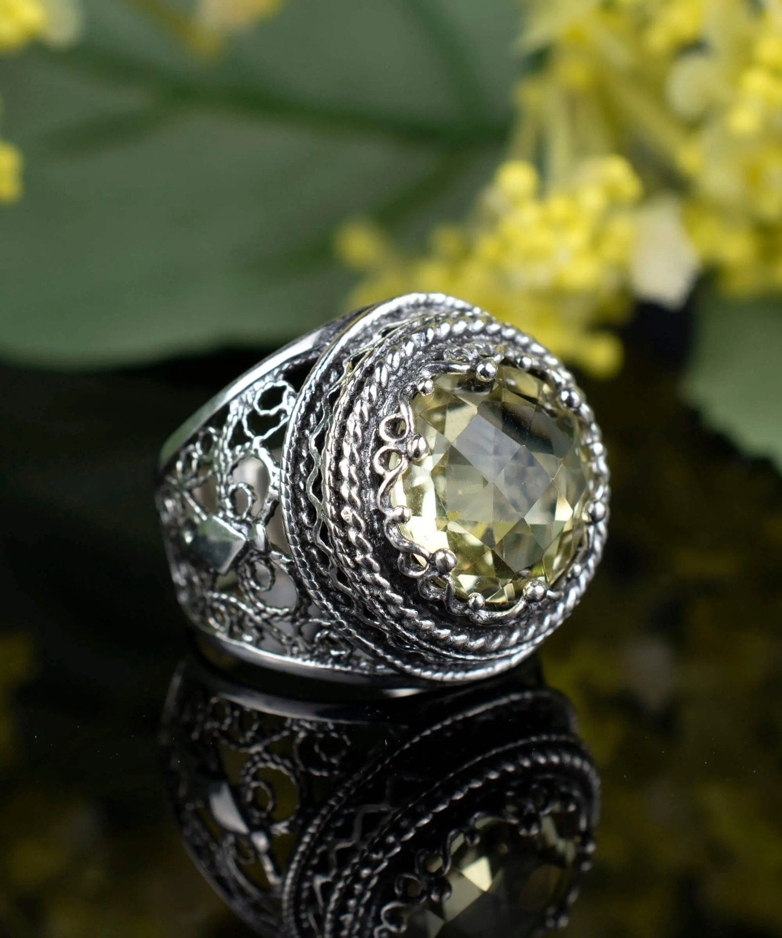 Filigree Art Lemon Quartz Gemstone Women Silver Bold Ring - Drakoi Marketplace