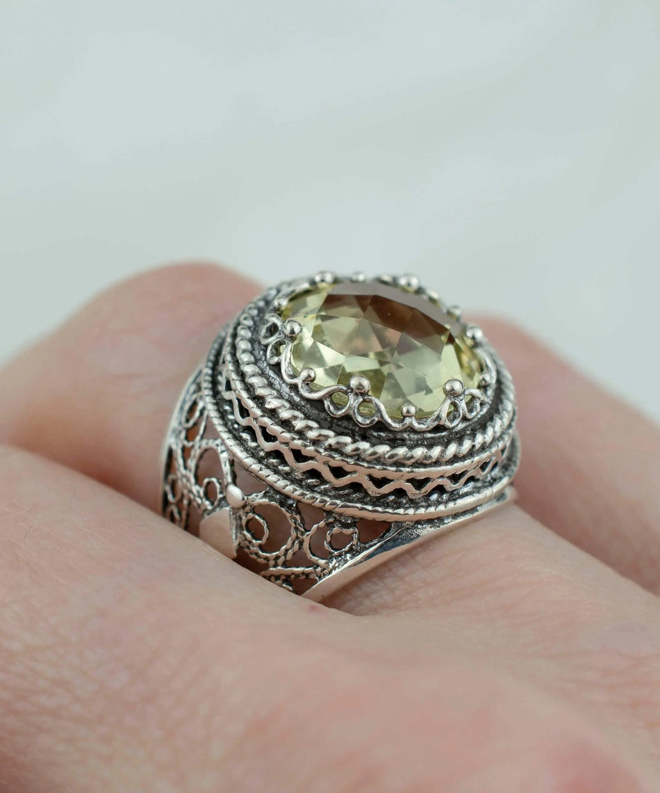 Filigree Art Lemon Quartz Gemstone Women Silver Bold Ring - Drakoi Marketplace