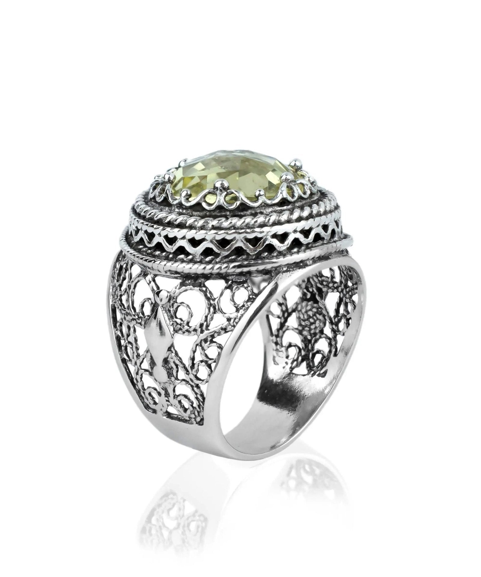 Filigree Art Lemon Quartz Gemstone Women Silver Bold Ring - Drakoi Marketplace