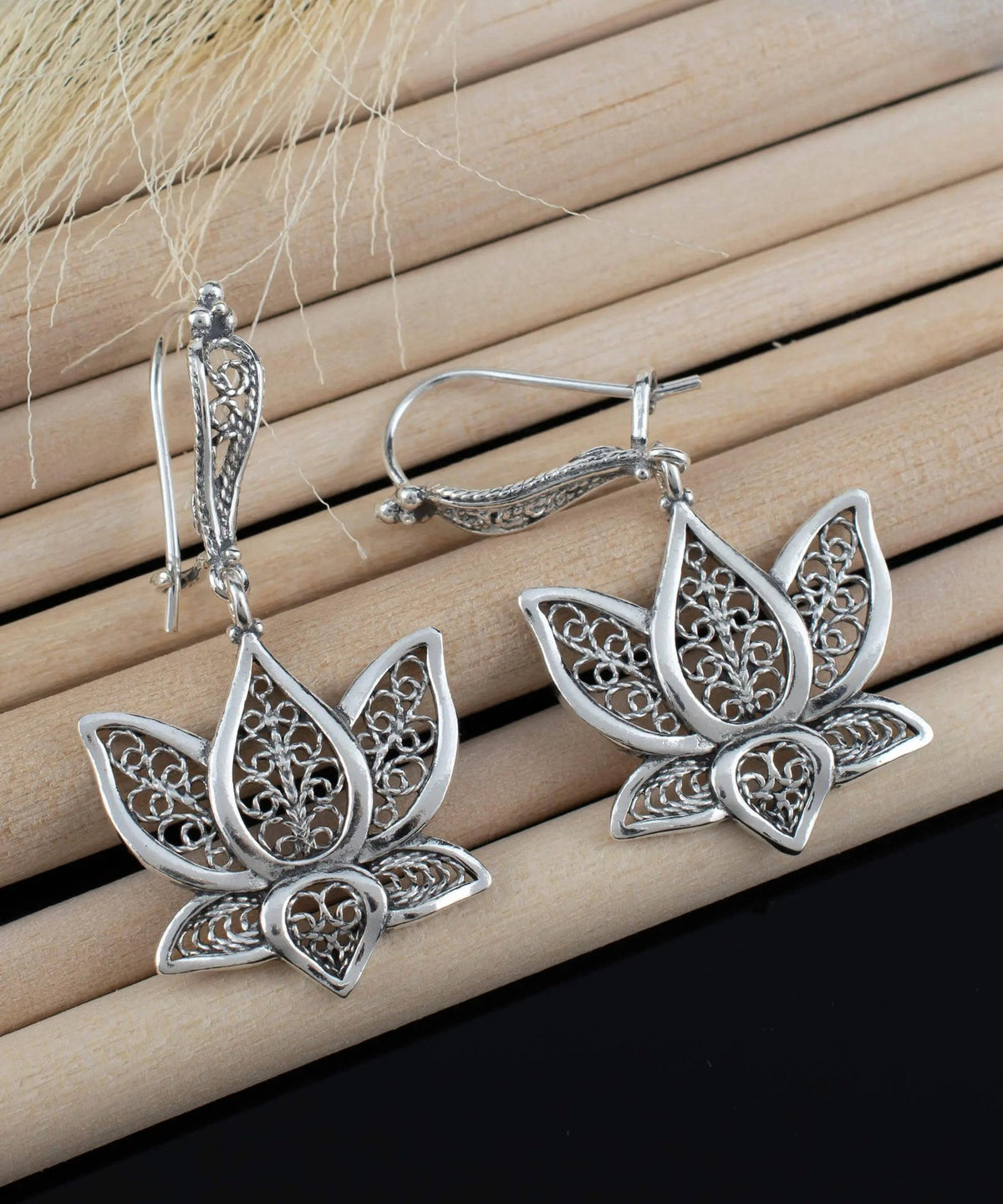 Filigree Art Lotus Flower Women Silver Dangle Drop Earrings - Drakoi Marketplace